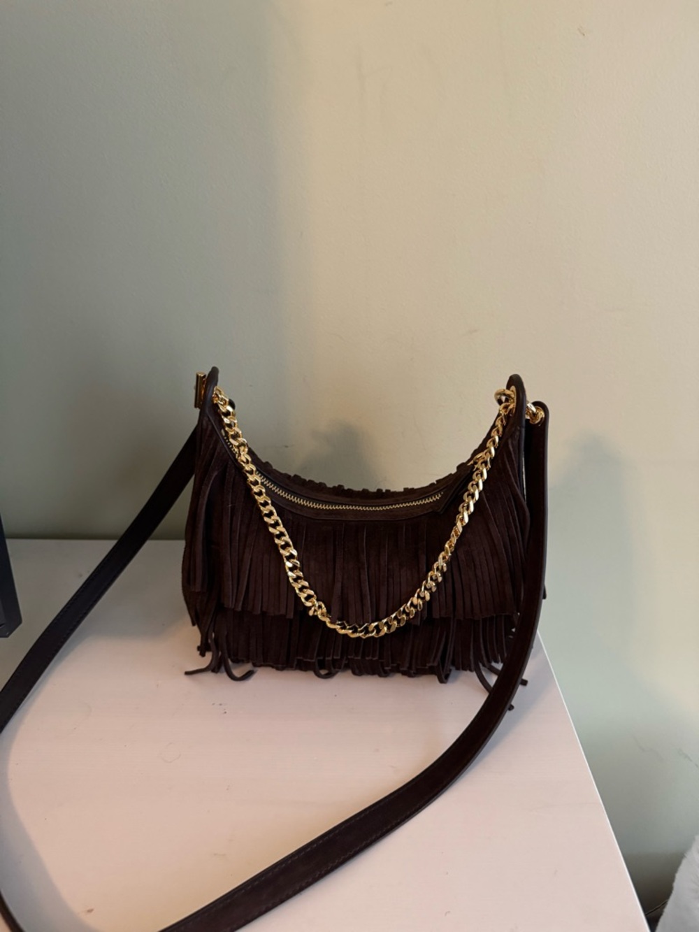 Veronica Beard Fortune bag : Fringe Suede Crossbody Bag with Gold Chain - Picture 3 of 5